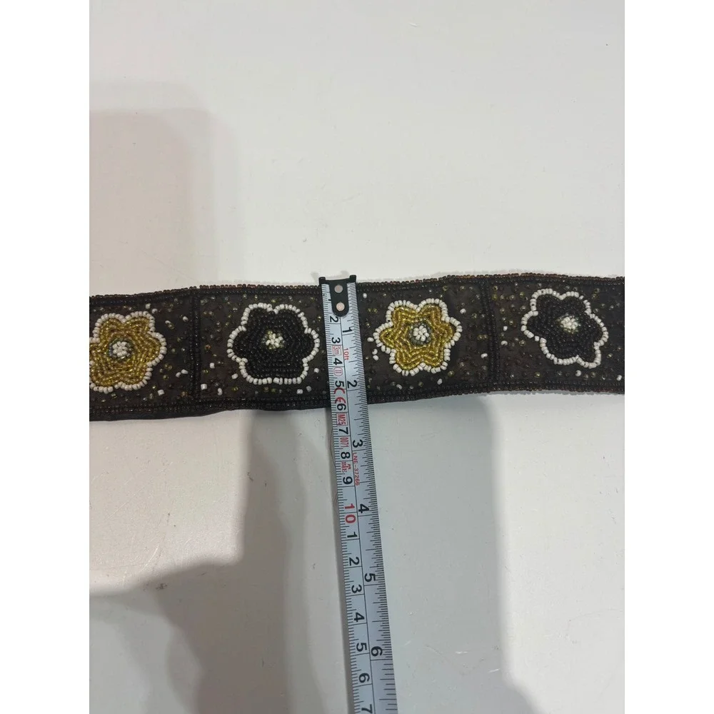 VTG India Beaded Floral Leather Belt Womens Medium Brown Gold Boho Wide Waist